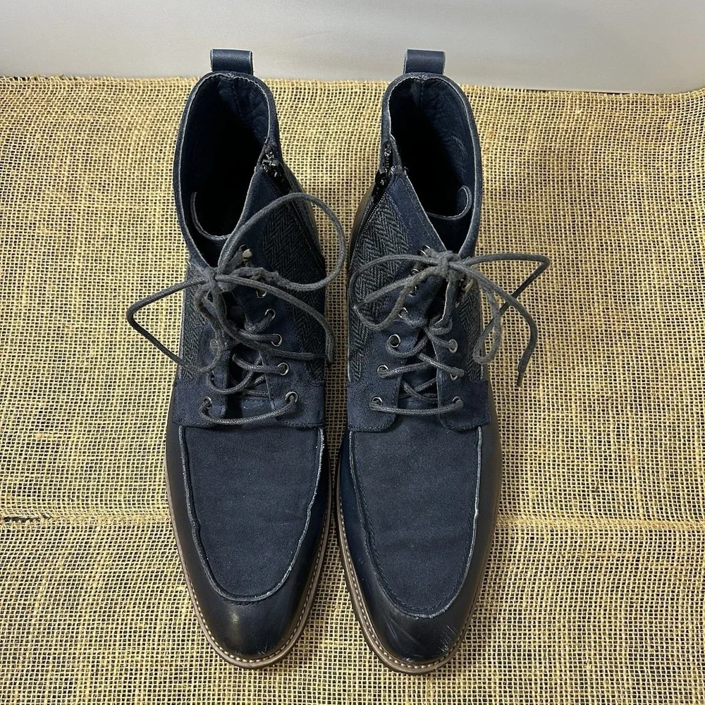 La Milano Hearth Mens Navy Leather Suede Herringbone Lace Up Boots 8521145K 12